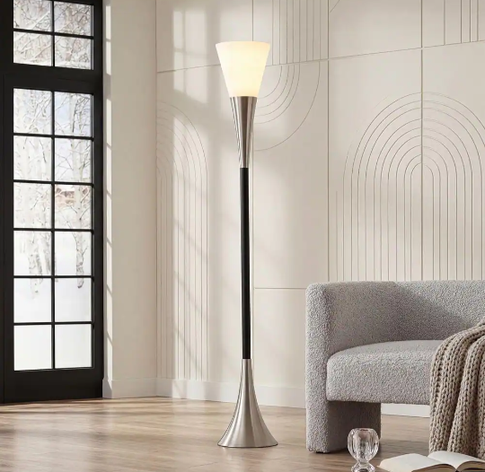 Silver Torchiere Floor Lamp with Sandblasted Glass Shade, Foot Pedal Switch for Living Room, Bedroom
