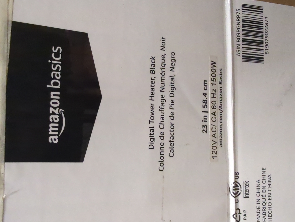 Amazon Basics Oscillating Tower Heater, With Digital Display, Remote Control, Timer, Over-Heat and Tip-Over Protection, Room Temperature Sensor, 2 Heat Settings, 1500W, Black, 8.6D x 8.6W x 23H