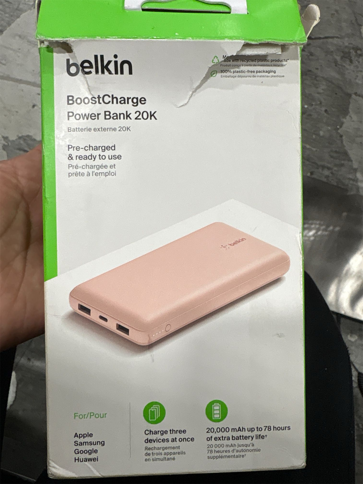 Belkin Portable Charger, USB C Power Bank 20000 mAh w/ 1xUSB-C Port & 2xUSB-A Ports, 15W w/ Type-A to Type-C Cable for iPhone 16, 16 Plus, 16 Pro, 16 Pro Max, Samsung Galaxy S25, & More - Rose Gold