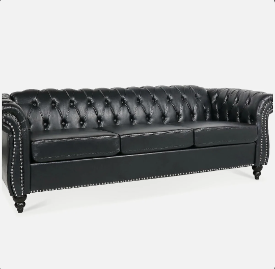 BLACK PU Rolled Arm Chesterfield Three Seater Sofa.