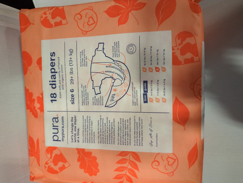 Pura Size 6 Eco-Friendly Diapers (29  lbs) Hypoallergenic, Soft Organic Cotton, Sustainable, up to 12 Hours Leak Protection, Allergy UK, Recyclable Paper Packaging, 18 Count (Pack of 3) (54 Diapers)