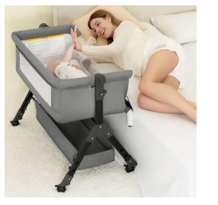 BCOL 3 in 1 Baby Bassinet Bedside Sleeper, Bedside Crib for Baby, Adjustable Baby Bassinet with Wheels, Storage Basket, Mattress, Easy Assemble & Folding Portable Baby Cradle (Grey)