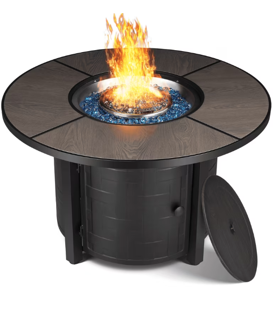 42 Round Propane Fire Pit Table Steel Gas Fire Pit with Removable Lid, Cover and Blue Glass Rocks, Outdoor Fireplace Set