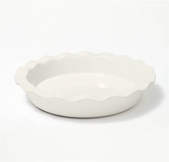 70x70 Tablecloth Navy Striped & 9 Round Stoneware Ruffle Pie Dish Cream