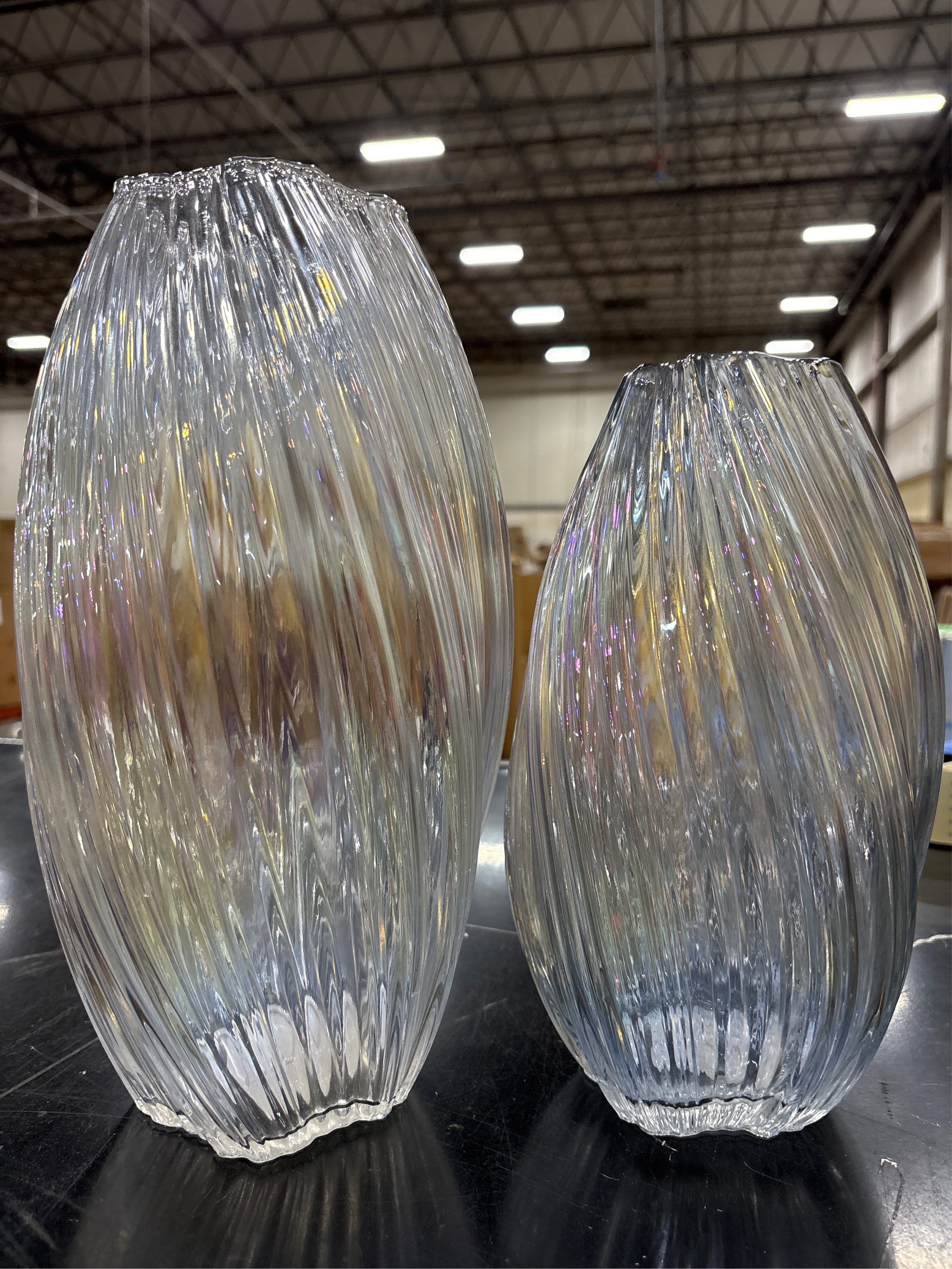 Set of two Large  and medium Colored Glass Vase for Home Decor Ribbed Tall Gold Floor Vase Decorative Vases for Table Centerpieces Flowers Decor and Farmhouse