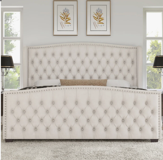 King DuJuan Deep Button Tufted Upholstered King Bed with Nailhead Trim Wingback Headboard, Cream