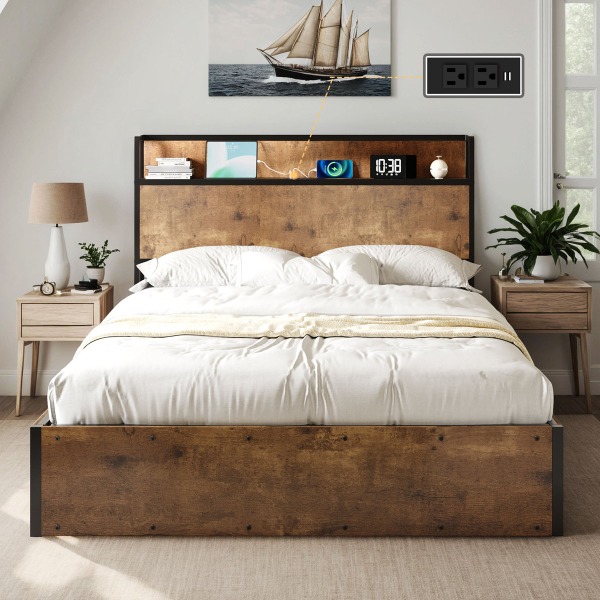 Sheila Lift Up Storage Full Bedframe & Charging Station Rustic Brown