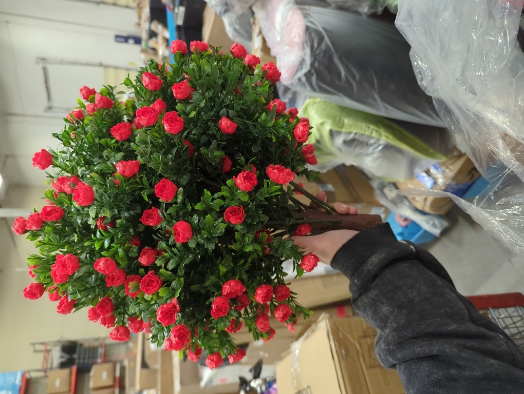 Set of 2 Artificial Boxwood Topiary Ball Trees with Red Flowers for Outdoor with Ground Spike 22, UV Resistant Faux Greenery Shrubs, Fake Plants for Garden, Yard, Porch, Patio Valentine's Day Decor