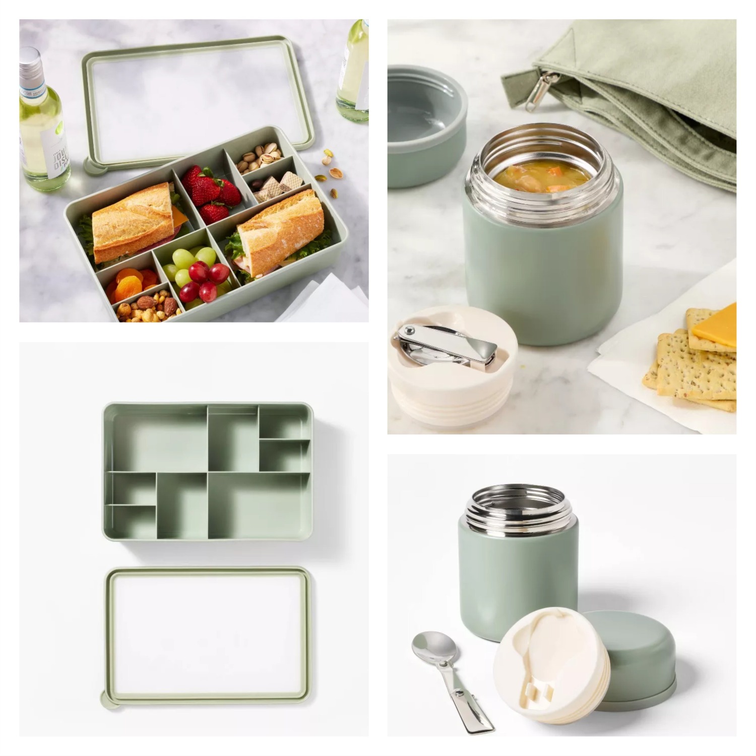 13.5oz Double Walled Stainless Steel Vacuum Food Jar with(no Spoon )Green - Figmint™ & 8 Compartment Large Plastic Snack Bento Box Sage Green - Figmint™: Recycled PET, Dishwasher & Microwave Safe
