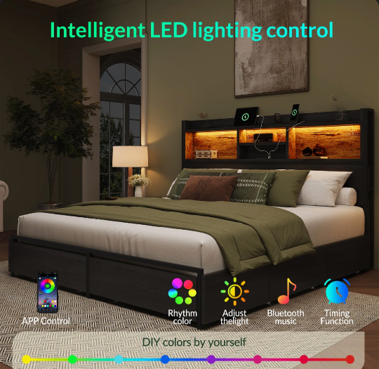 Queen Bed With 6 Storage Drawers & Headboard, Platform Bed With Led Lights & Charging Station, Black