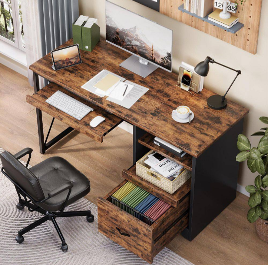 Rectangular Rustic Brown Reversible Office Desk with Drawer and Pull-Out Shelf, Writing Desk with Keyboard Tray