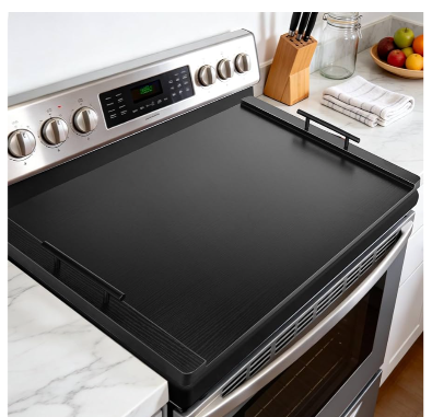 Noodle Board Stove Cover with Handles, Wood Stove Top Covers for Electric Stove and Gas Burners, Wooden Decorative Serving Tray Kitchen Sink Cover for Counter Space (Black)