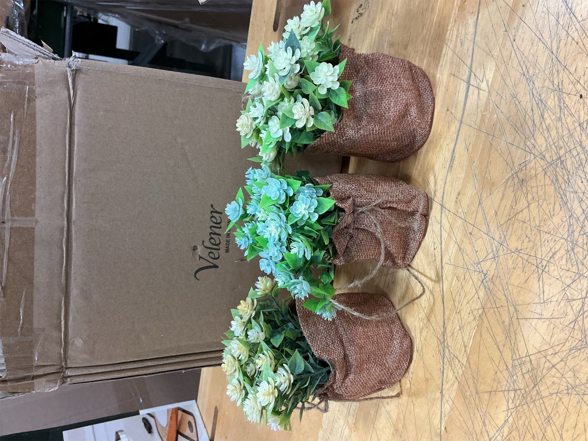 Velener Babys Breath Artificial Flowers in Small Burlap Bag Vases 3Pcs