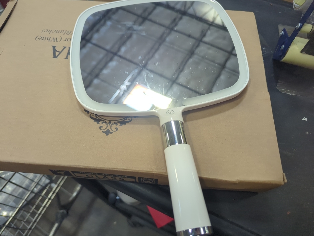 MIRRORVANA Lighted Travel Hand Mirror with Comfy Handle and Detachable Stand - Portable, Thin and Lightweight Design - Rechargeable with 3 LED Light Settings - 9 x 13 (White)