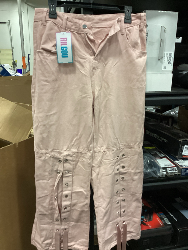 Kawaii Gothic Casual Style High Waisted Straight Wide Leg Ribbons Trim Pink Denim Pants XL or 32-4