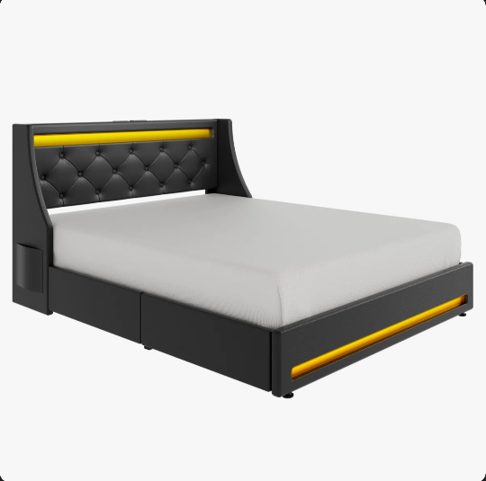 Full Upholstered Platform Bed Frame with Wingback Headboard & LED Lights& 4 Storage Drawers Black