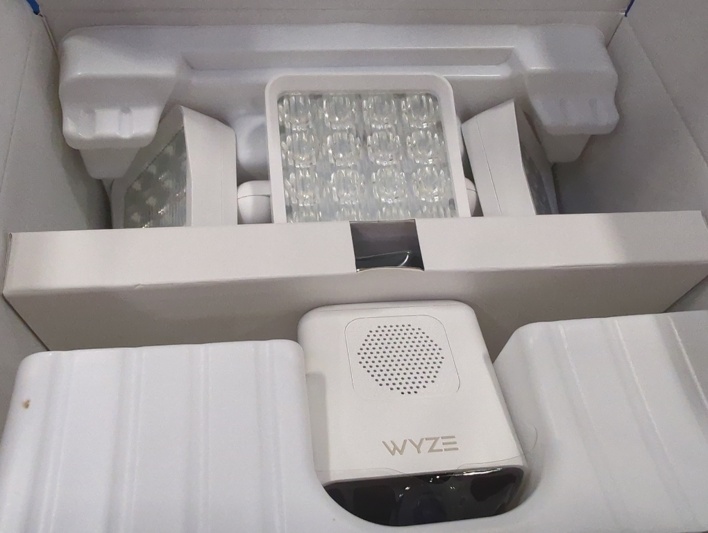 Color White Wired Outdoor Wi-Fi Floodlight Pro Home Security Camera with 2K Resolution and App Control, Works with Alexa and Google