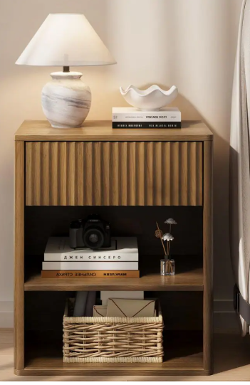 Dark Brown Modern Nightstand with Fluted Wood Storage Drawer and Open Shelf Bed Side Table
