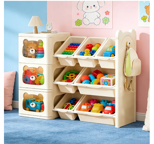 Children's Toy Storage Organizer with 3 Drawers and 7 Bins, Large Kids Toy Chests, Removable Kids Storage Bins Bookshelf, Bear Shape Children's Storage Rack, Toy Organization for Kids' Playroom