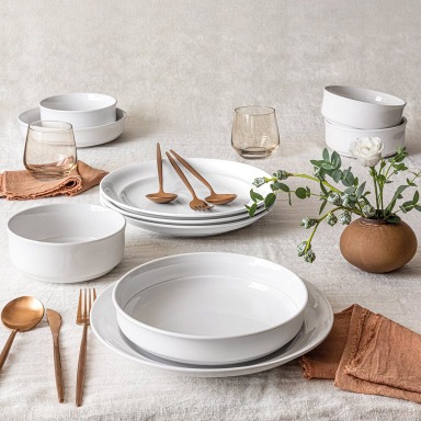 12 PIECE - WHITE - Over&Back Rimmed Glossy Porcelain Dinnerware Plate Bowl SeT MISSING PIECES/BROKEN