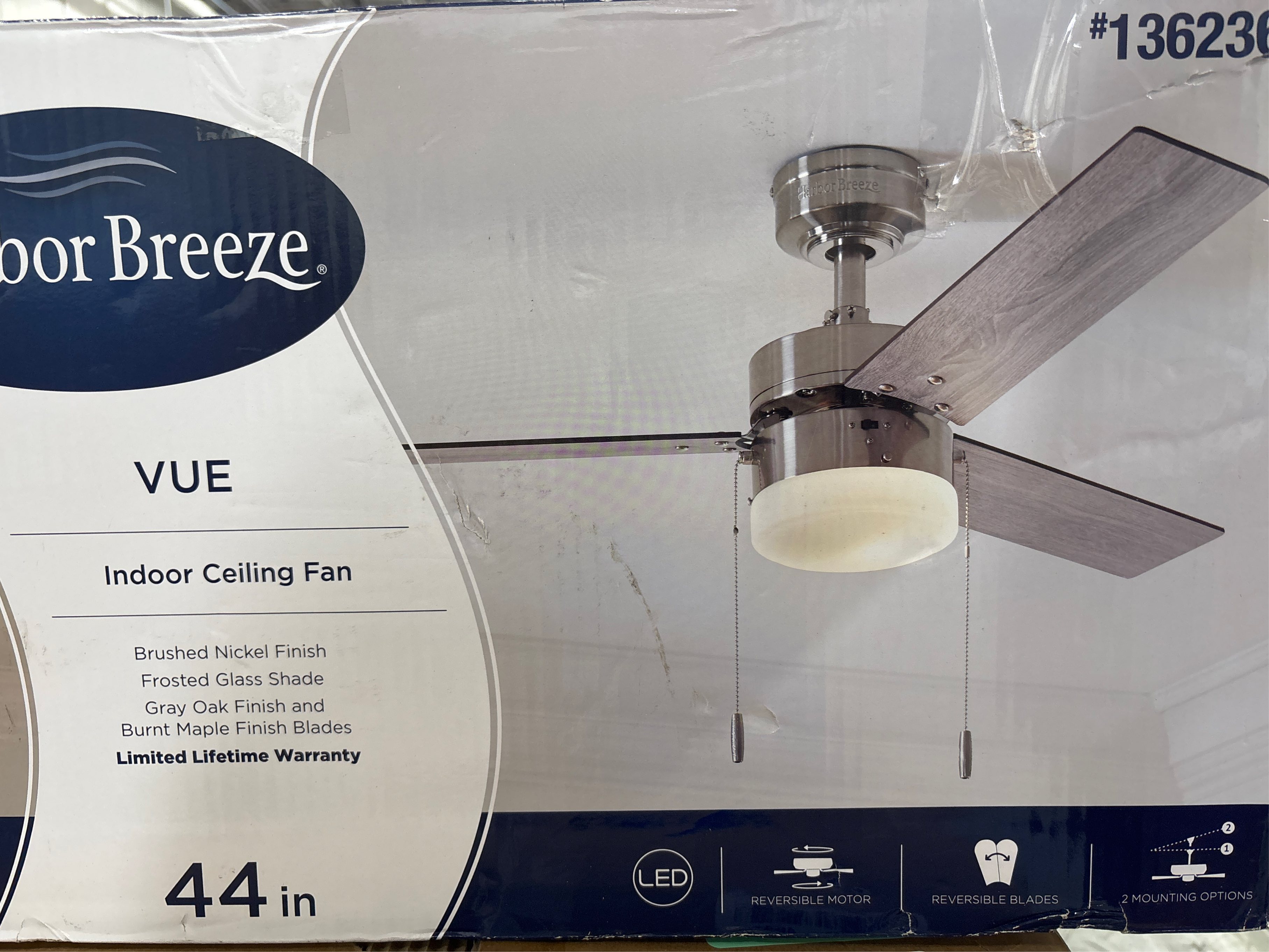 Harbor Breeze Vue 44-in Brushed Nickel LED Indoor Ceiling Fan (3-Blade) - missing parts, broken glass