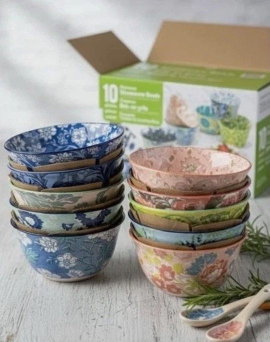 Provence Stoneware Bowls 10 Piece Set Microwave Dishwasher Safe Floral Print New