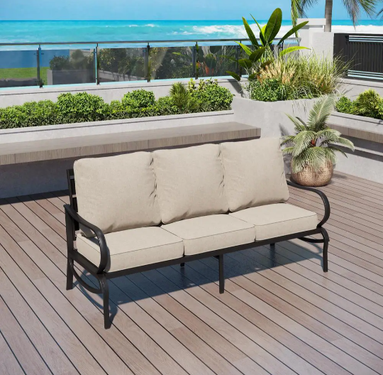 Premium Home Solutions Black Metal Slatted Frame Outdoor Patio 3 Seat Sofa Couch with Beige Cushions