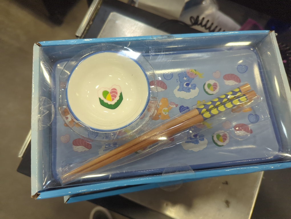 Silver Buffalo Care Bears Featuring Grumpy, Tenderheart, and Friend Bear Ramen Blue Ceramic Sushi Set with Dipping Sauce Dish and Matching Chopsticks