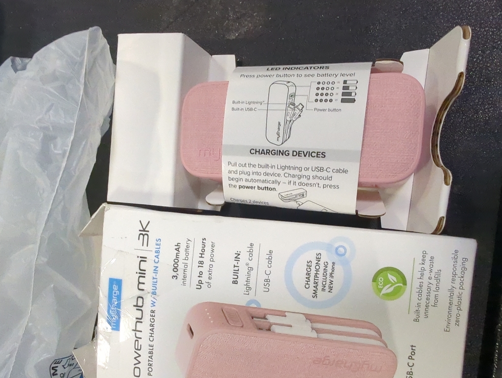 myCharge PowerHub Mini Portable Charger for iPhone - 3000mAh & Built in Cables (Lightning, Type C) 12W Turbo USB C Power Bank Fast Charging Battery Pack (Pink)