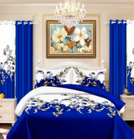 Size cal king Baroque Style Luxury 9pcs Bedding And Curtains Set, 1 Baroque Bedspread, 2 Pillowcases, 4 Solid Curtains, 2 Baroque Printed Curtains, All Seasons