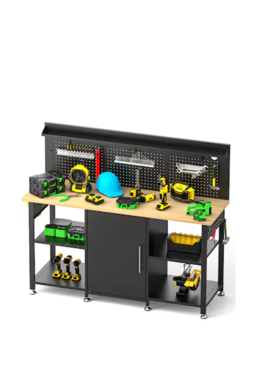 60-in Black Heavy Duty Workbench with Storage Cabinet and Pegboard