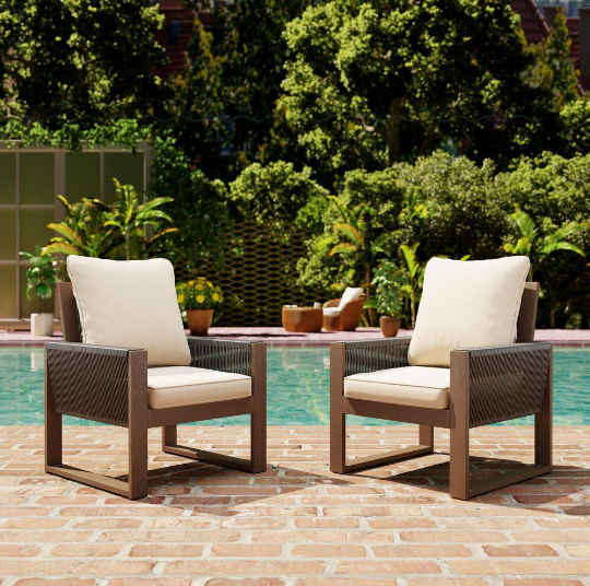 Outdoor Patio Wooden Lounge Chair with Beige Cushions and Square Frame (2-Pack)