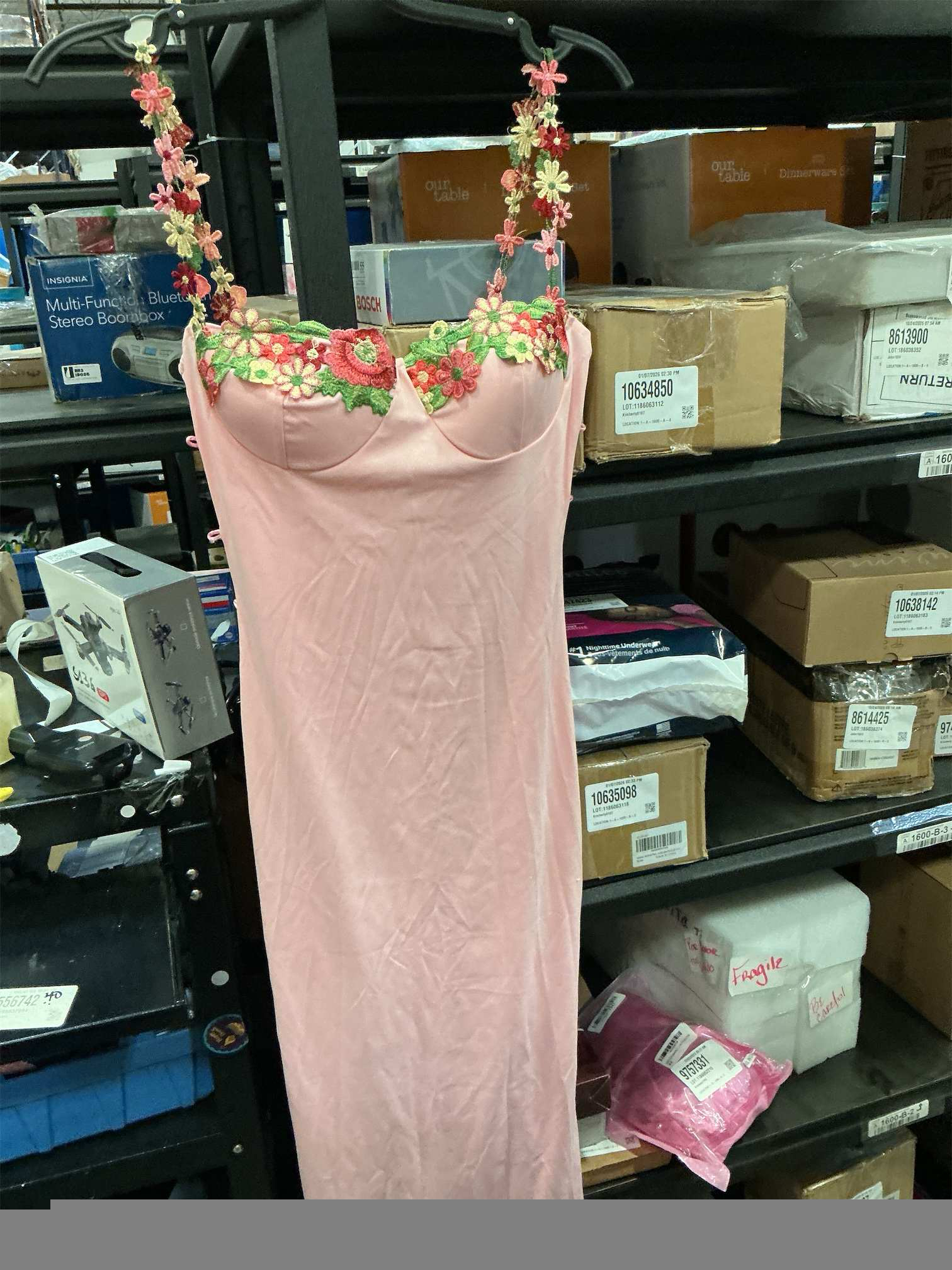 Size S Sexy Satin Spaghetti Strap Floral Embroidered Maxi Dress for Women Sweetheart Neckline Backless Sleeveless Slit Midi Dress