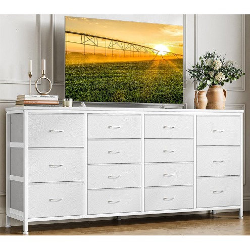 Garvee 63 W White Dresser TV Stand for 65 70 75 Inch TV, 14 Drawer for Bedroom with Power Outlets, Large Long Fabric Dresser Entertainment Center