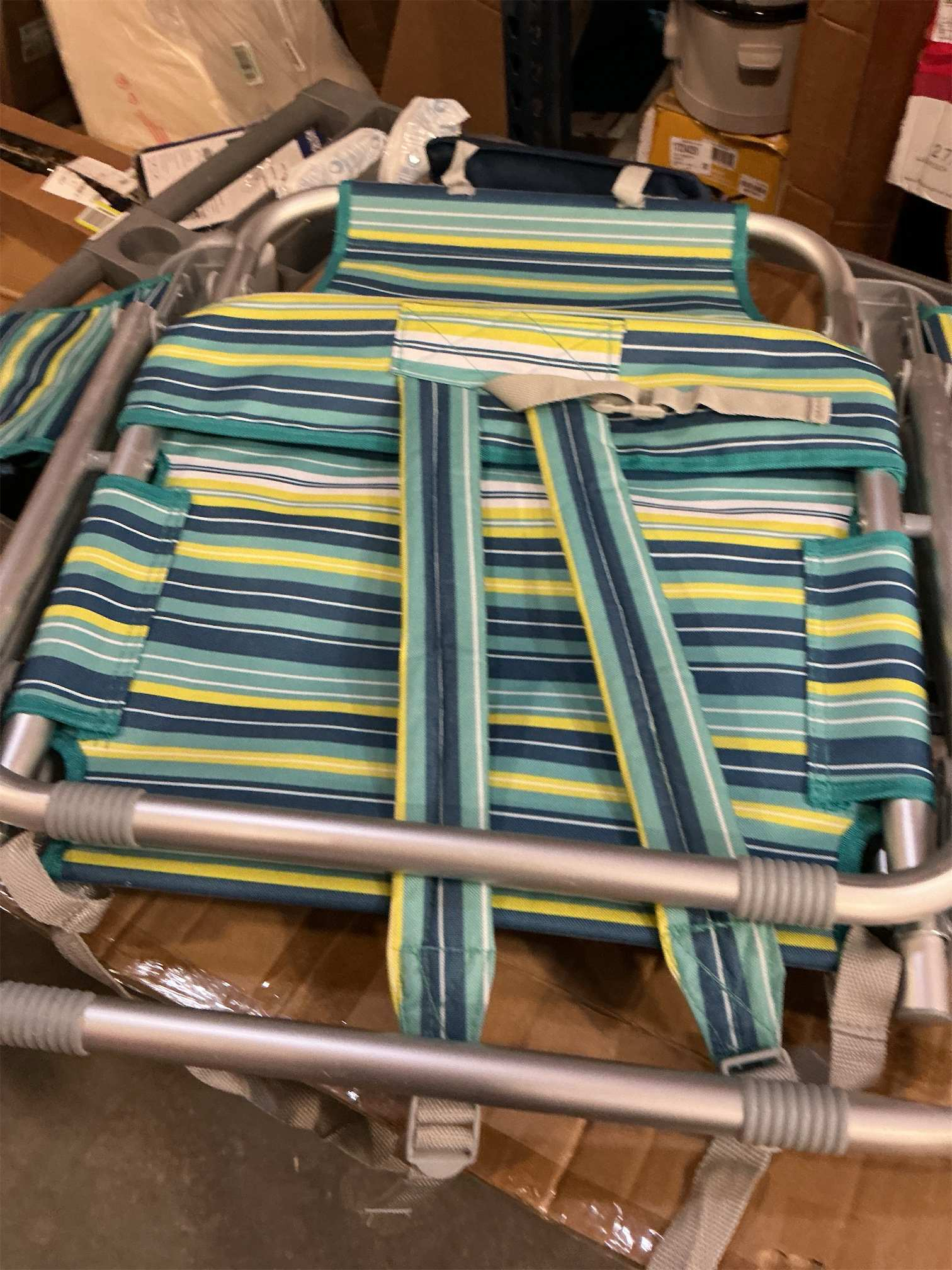 Aluminum Backpack Low Profile Beach Chair - 5-Position Lay Flat Reclining Folding Chair with Removable Cooler Bag - Heavy Duty 330 lbs Capacity, Lightweight Portable Sand Seat - Striped Green‼️has mild scratches ‼️