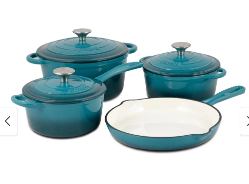 Enameled Cast Iron Cookware Set, 7-Piece Set (Biscay Blue), Nonstick, Oversized Handles, Oven Safe - Blue