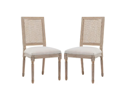 Dining Chairs Set of 2, Farmhouse Dining Chairs with Square Backrest, Upholstered Rattan Dining Chair with Solid Wood Legs Gray