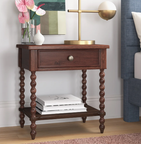 Beckett Morocco Brown Turned Wood Spindle Nightstand with Drawer and Shelf