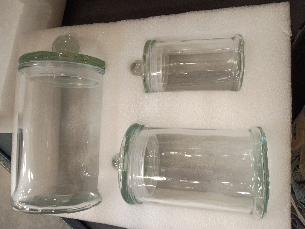 KMWARES 3PCs Set Small Mini Clear Glass Premium Quality Apothecary Jars/Bathroom Storage/Vanity Organizer Canisters for Cotton Balls/Swabs, Makeup Sponges, Bath Salts, Q-Tips (3Jar)