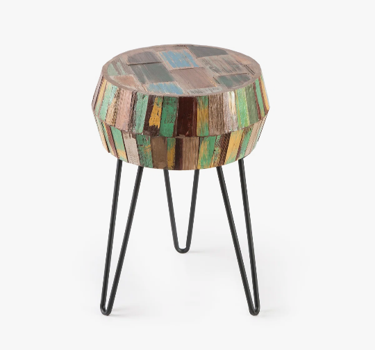 Reclaimed Wood End Table Carving Drum Round Multi Color