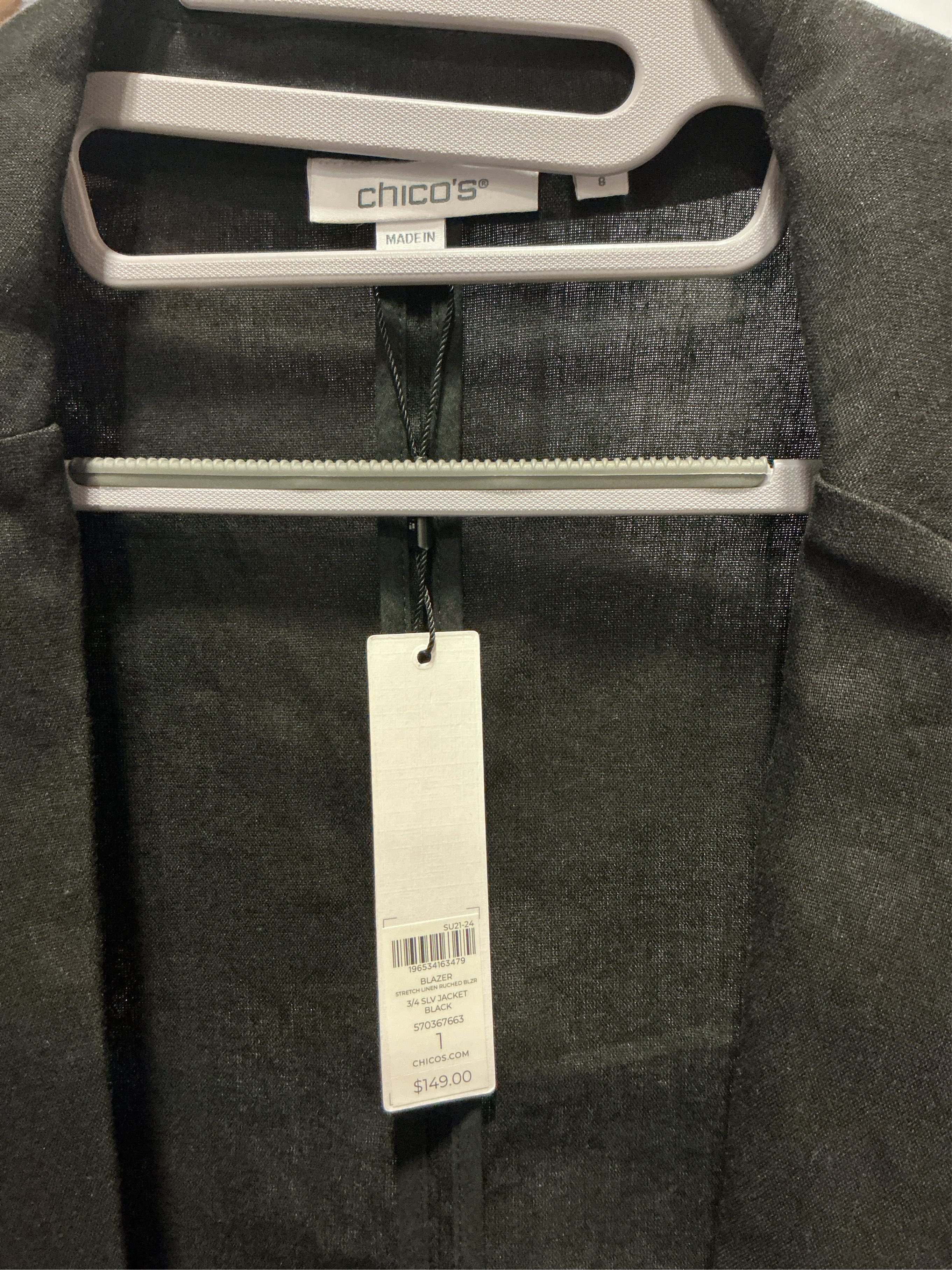 Size US8 Chico’s Women’s Stretch Linen Blazer (3/4 SLV Jacket) Black