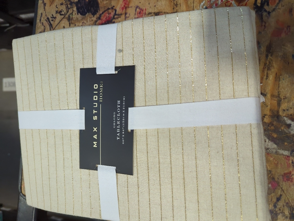 Solino Home Linen Square Tablecloth 52 x 52 Inch - Pinstripe, 100% Pure Linen Ivory and Black Table Throw - Machine Washable Tablecloth for Fall, Autumn, Thanksgiving, Christmas, Holiday