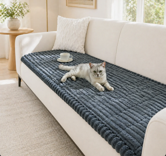 Soft Striped Plush Box Cushion Sofa Slipcover Gray