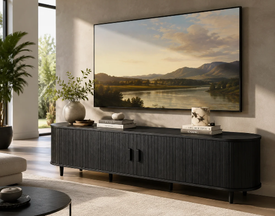 Modern TV Stand With Storage, Shelves, and Charger Black