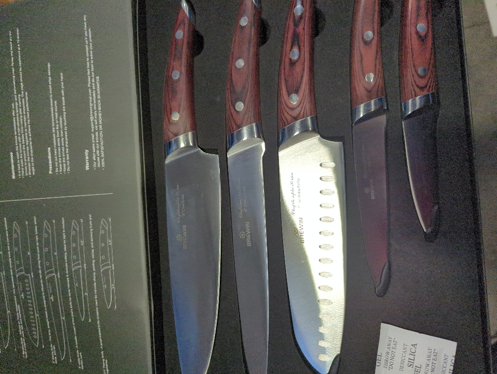 Brewin CHEFILOSOPHI Japanese Chef Knife Set 5 PCS with Elegant Red Pakkawood Handle Ergonomic Design,Professional Ultra Sharp Kitchen Knives for Cooking High Carbon Stainless Steel