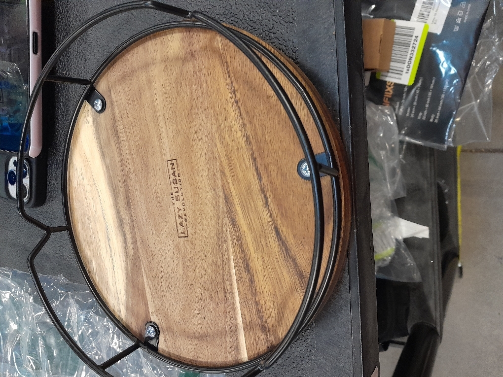 9 Acacia Wood Lazy Susan Revolution Turntable w/Black Wire – Rotating Kitchen Organizer for Table, Pantry, or Cabinet, Rustic Wood Finish, 360° Spin