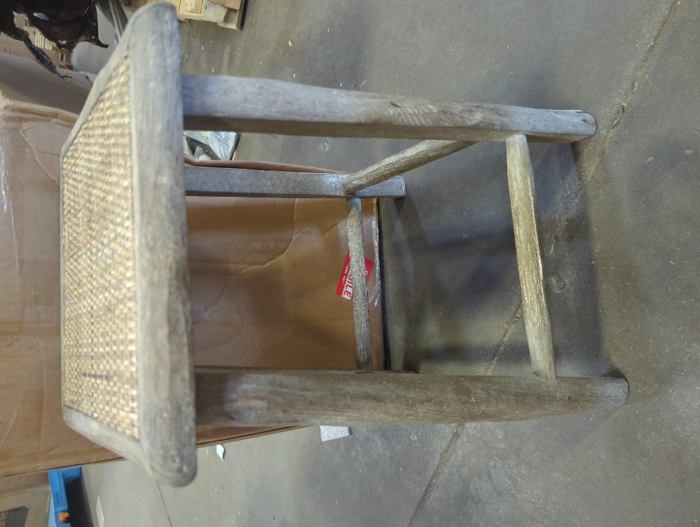 Gray Wood Stool with Woven Seat