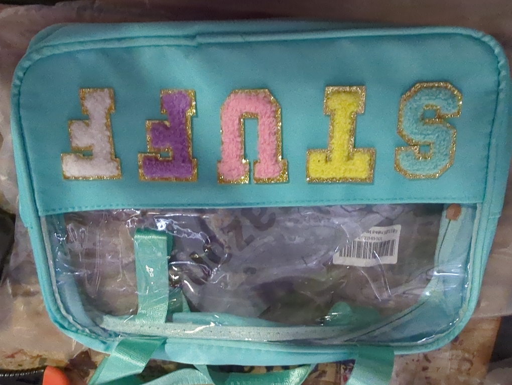 Chenille Letter Clear Makeup Bag Stuff Patch, Travel Toiletry Makeup Bag with Handle, Nylon Waterproof Makeup Bags clear cosmetic bag, preppy patch makeup bag for Women (STUFF-Mint Green)