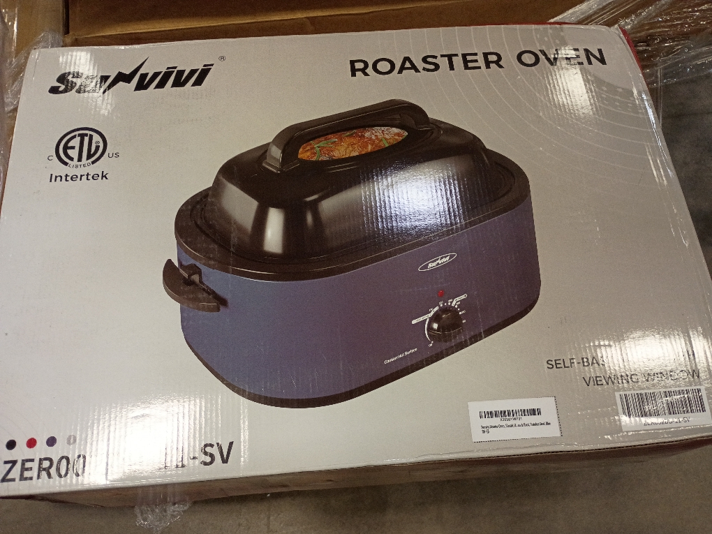 Sunvivi Roaster Oven, Electric Roaster Oven with Viewing Lid, 28lb 24-Quart Turkey Roaster with Unique Defrost/Warm Function, Large Roaster with Removable Pan & Rack, Stainless Steel, Blue