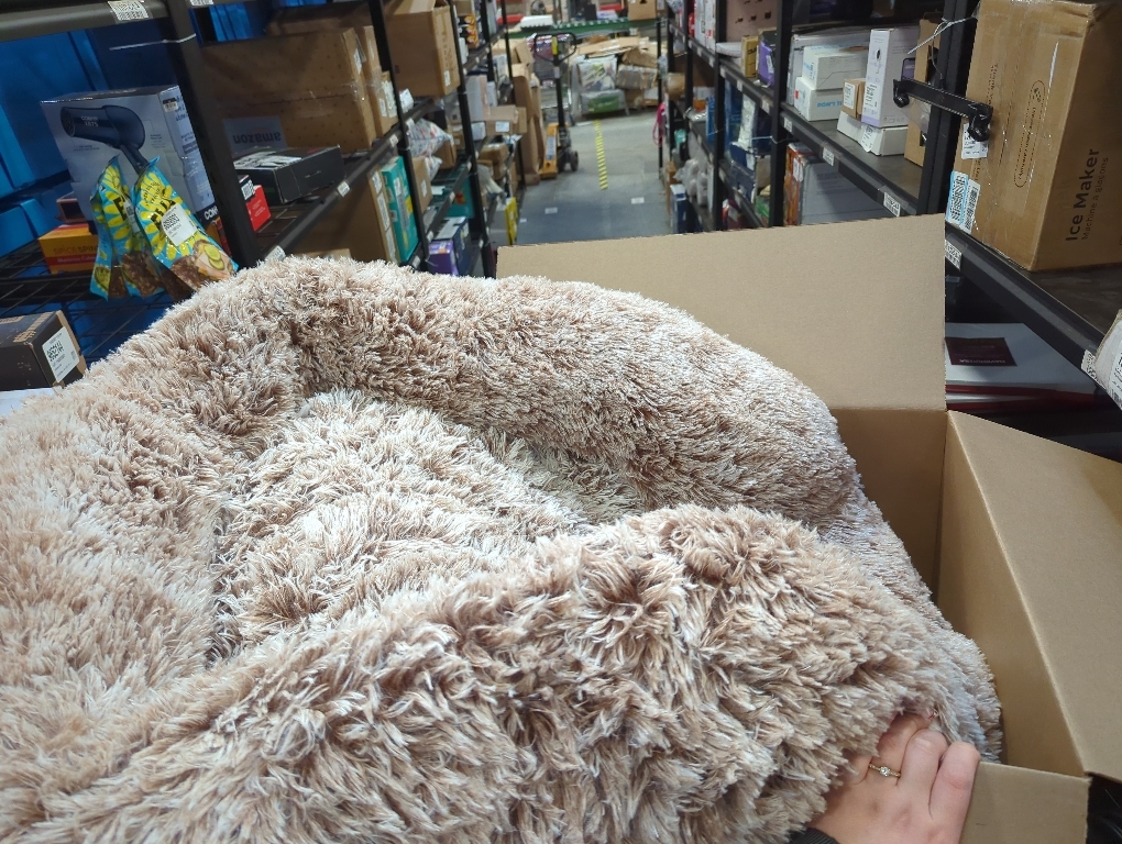 Bedfolks Calming Donut Dog Bed, 36 Inches Round Fluffy for Large Dogs, Anti-Anxiety Plush, Machine Washable (Brown, Large)